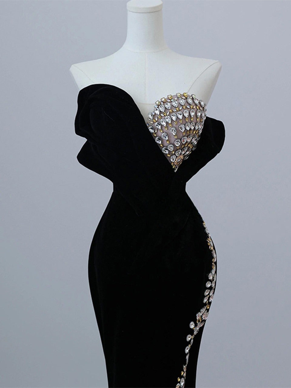 Black Velvet Strapless Crystal Long Prom Dress,Formal Dress ED01209