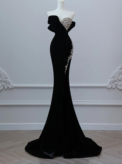 Black Velvet Strapless Crystal Long Prom Dress,Formal Dress ED01209