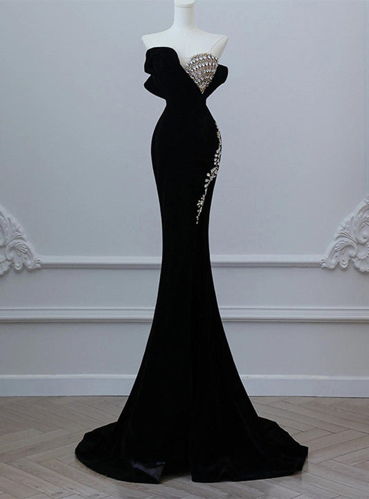 Black Velvet Strapless Crystal Long Prom Dress,Formal Dress ED01209