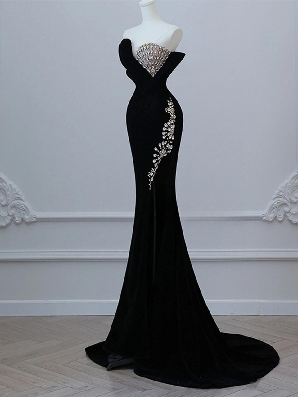Black Velvet Strapless Crystal Long Prom Dress,Formal Dress ED01209