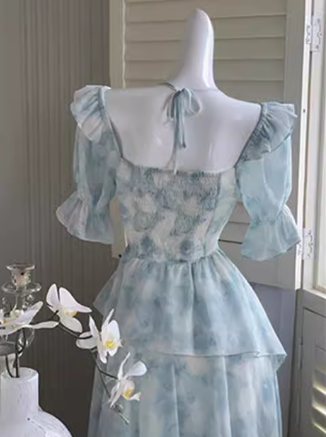 New style ruffle waist slim irregular gentle style blue floral chiffon dress for women ED0120