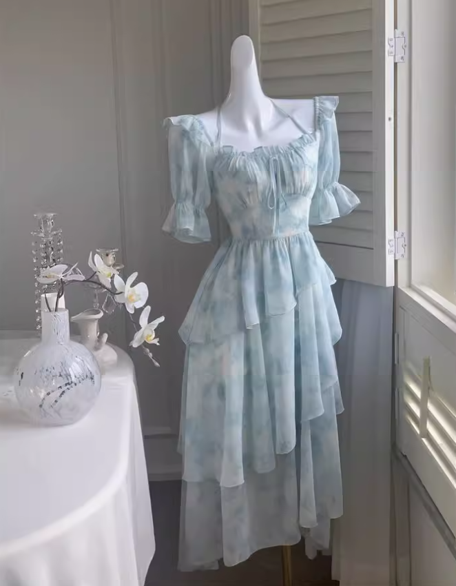 New style ruffle waist slim irregular gentle style blue floral chiffon dress for women ED0120
