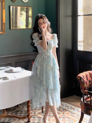 New style ruffle waist slim irregular gentle style blue floral chiffon dress for women ED0120