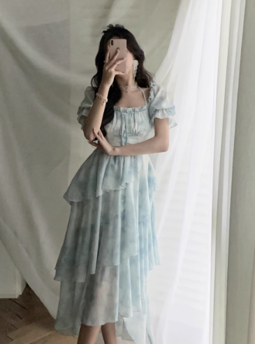 New style ruffle waist slim irregular gentle style blue floral chiffon dress for women ED0120