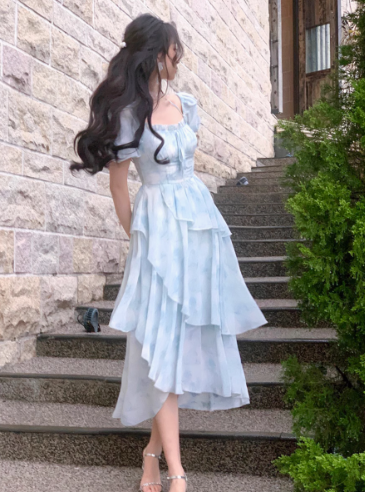 New style ruffle waist slim irregular gentle style blue floral chiffon dress for women ED0120