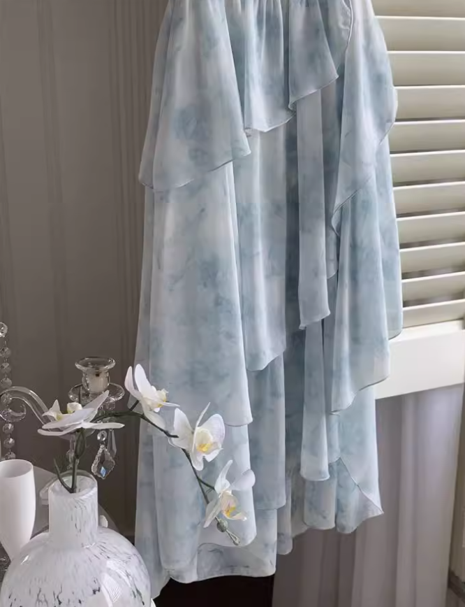 New style ruffle waist slim irregular gentle style blue floral chiffon dress for women ED0120