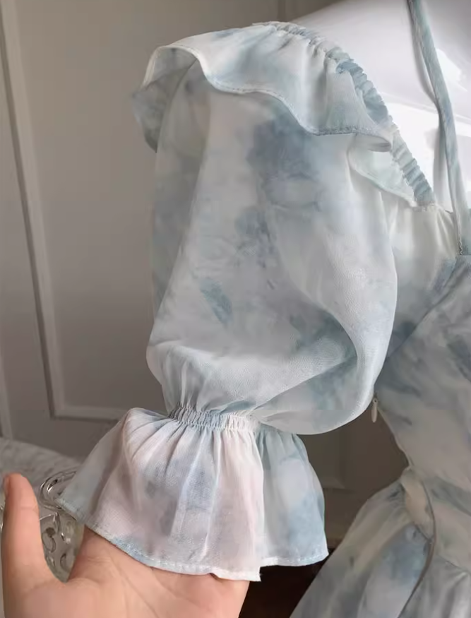 New style ruffle waist slim irregular gentle style blue floral chiffon dress for women ED0120