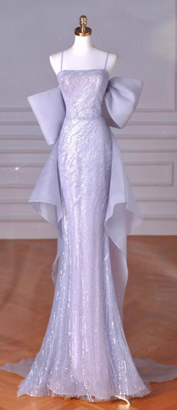 Purple Mermaid Spaghetti Straps Tulle Sequin Long Proml Dress, Formal Party Dress ED01210