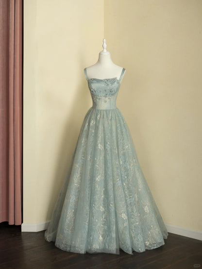 Chic Spaghetti Straps A-line Embroidery Satin Tulle Long Prom Dresses,Sweet 16 Dress With Appliqué ED01211