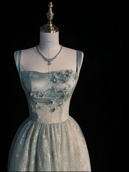 Chic Spaghetti Straps A-line Embroidery Satin Tulle Long Prom Dresses,Sweet 16 Dress With Appliqué ED01211