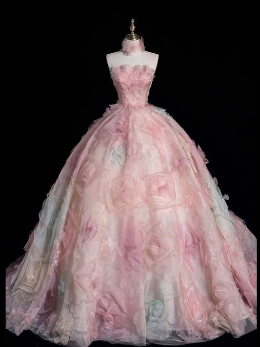 Pink A-line Strapless Tulle long prom dress, pink sweet formal dress ED01216