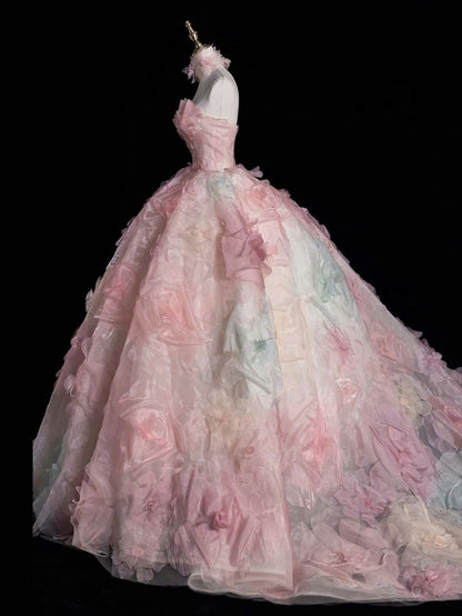 Pink A-line Strapless Tulle long prom dress, pink sweet formal dress ED01216