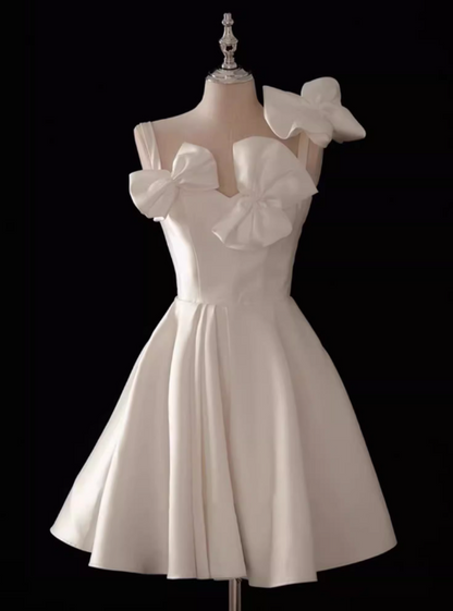 White A-line spaghetti strap satin short prom dress, white bridesmaid dress ED01212