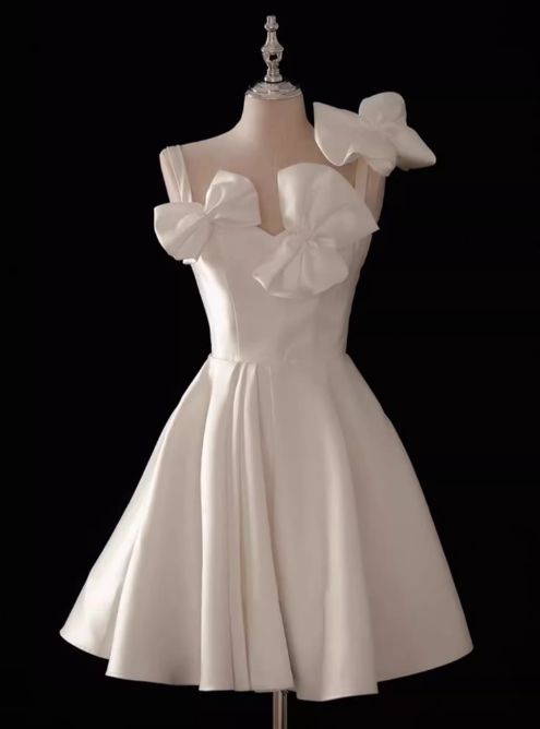 White A-line spaghetti strap satin short prom dress, white bridesmaid dress ED01212