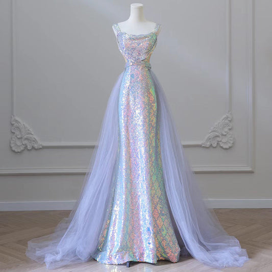 Elegant Mermaid Spaghetti Tulle Sequin Long Prom Dress, Blue Long Formal Dress ED01213