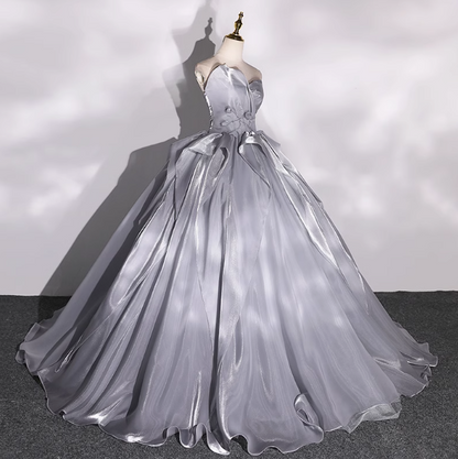 Grey A-line V-neck Tulle Long Prom Dress, Grey Long Formal Dress ED01215