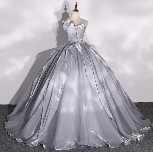 Grey A-line V-neck Tulle Long Prom Dress, Grey Long Formal Dress ED01215