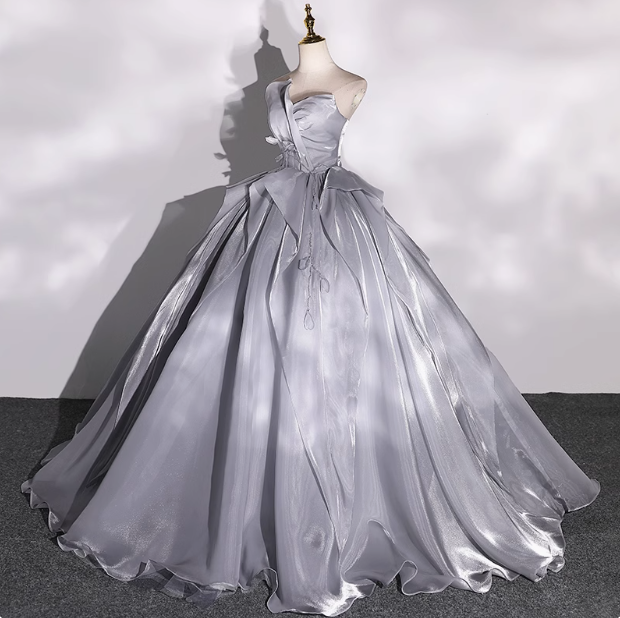 Grey A-line V-neck Tulle Long Prom Dress, Grey Long Formal Dress ED01215