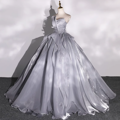 Grey A-line V-neck Tulle Long Prom Dress, Grey Long Formal Dress ED01215