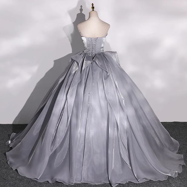 Grey A-line V-neck Tulle Long Prom Dress, Grey Long Formal Dress ED01215