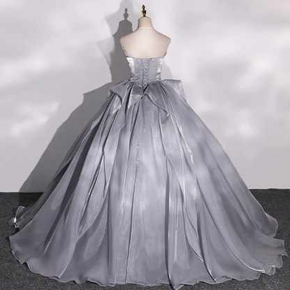 Grey A-line V-neck Tulle Long Prom Dress, Grey Long Formal Dress ED01215