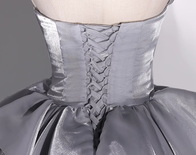 Grey A-line V-neck Tulle Long Prom Dress, Grey Long Formal Dress ED01215