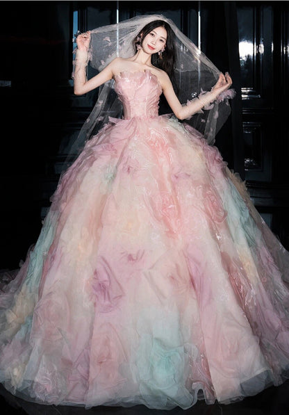 Pink A-line Strapless Tulle long prom dress, pink sweet formal dress ED01216