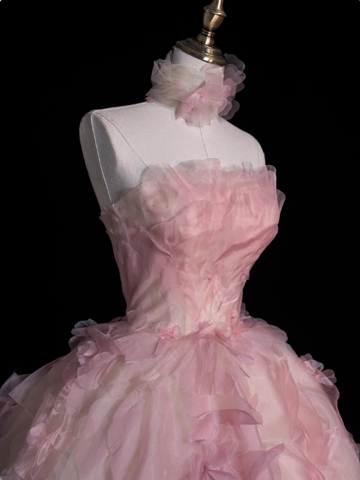 Pink A-line Strapless Tulle long prom dress, pink sweet formal dress ED01216