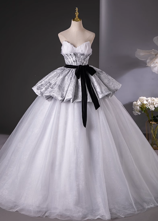 Silver Gray A-Line Sweetheart neck Long Satin Tulle Prom Dress, Silver Gray Formal Dress ED01217
