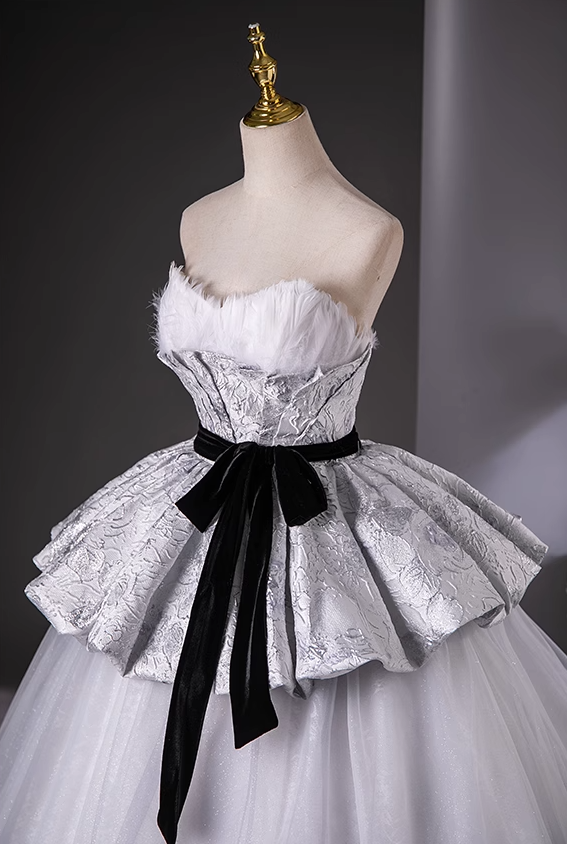 Silver Gray A-Line Sweetheart neck Long Satin Tulle Prom Dress, Silver Gray Formal Dress ED01217