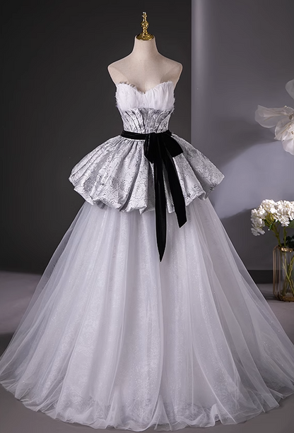 Silver Gray A-Line Sweetheart neck Long Satin Tulle Prom Dress, Silver Gray Formal Dress ED01217