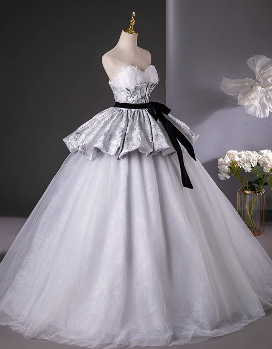 Silver Gray A-Line Sweetheart neck Long Satin Tulle Prom Dress, Silver Gray Formal Dress ED01217