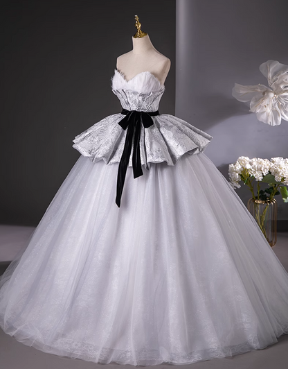 Silver Gray A-Line Sweetheart neck Long Satin Tulle Prom Dress, Silver Gray Formal Dress ED01217