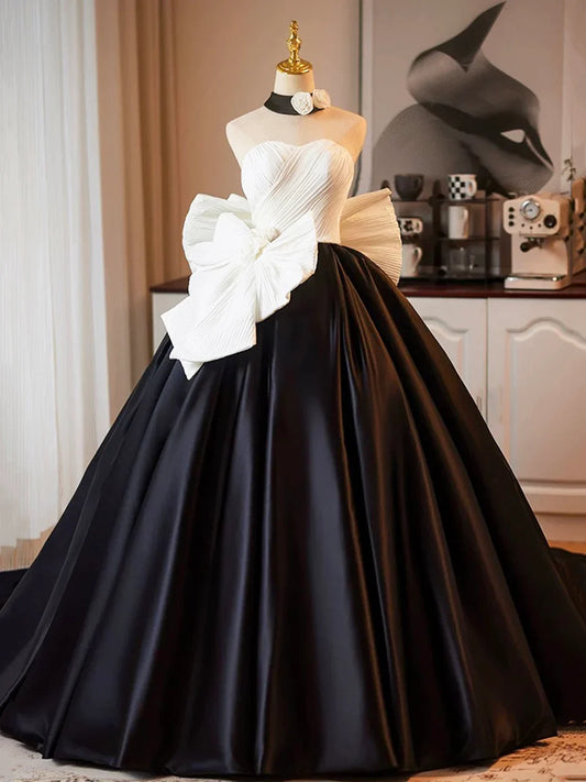 White and Black A-Line Strapless  Satin Long Prom Dress, A-Line Formal Evening Party Dress  ED01220