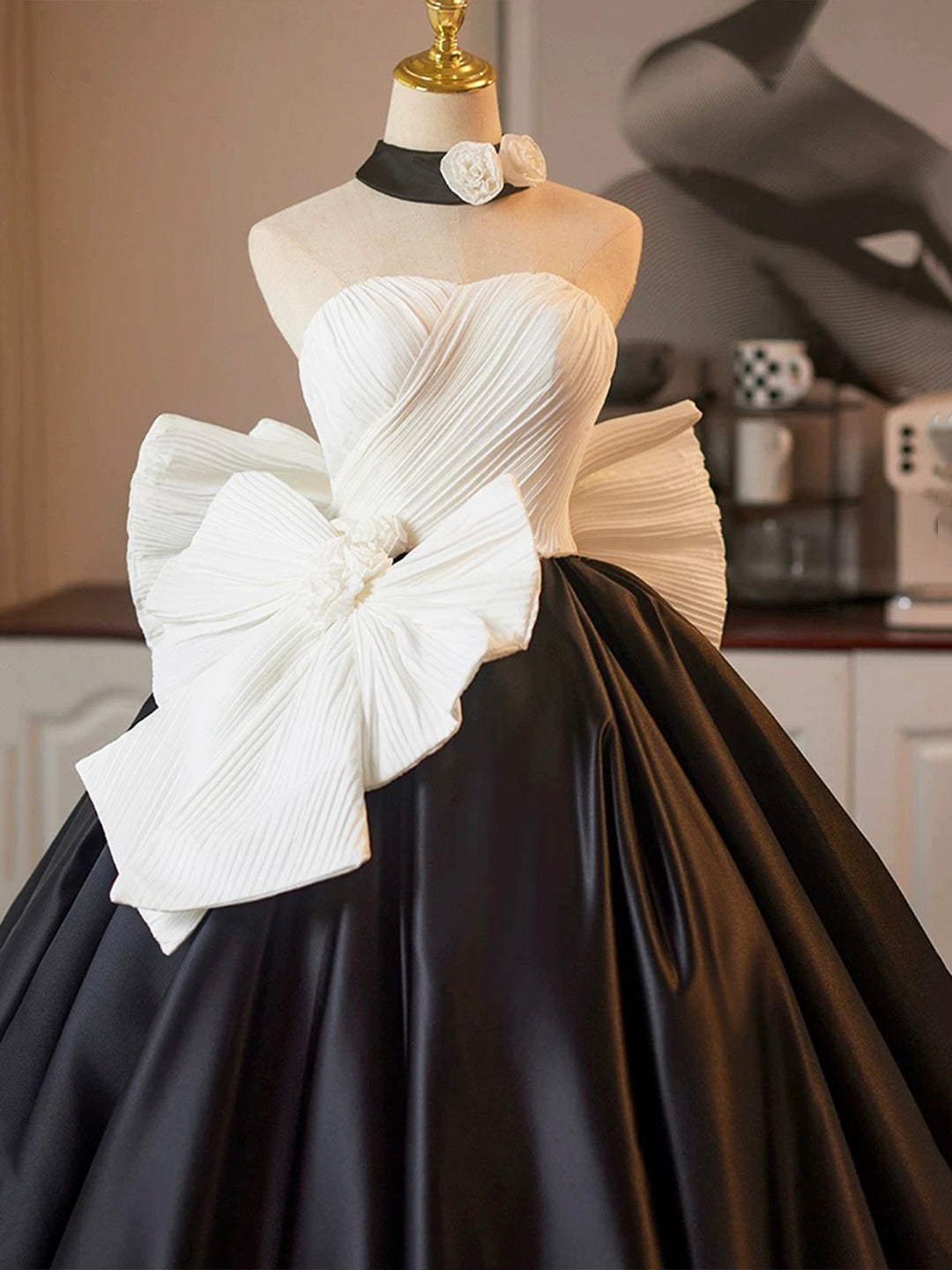 White and Black A-Line Strapless  Satin Long Prom Dress, A-Line Formal Evening Party Dress  ED01220