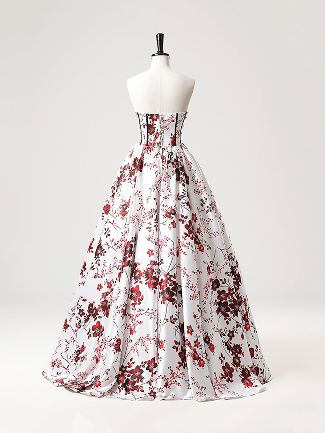 A-Line Strapless White Floral Satin Long Prom Dress, Sweetheart Neck Formal Party Dress  ED01221