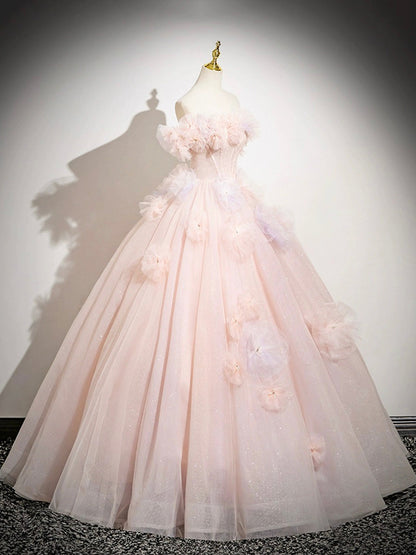 Pink A-Line Off Shoulder Tulle Long Prom Dress, Lovely  Evening Sweet 16 Dress  ED01222