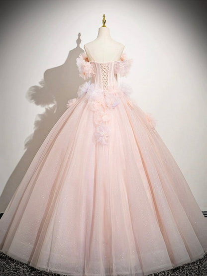 Pink A-Line Off Shoulder Tulle Long Prom Dress, Lovely  Evening Sweet 16 Dress  ED01222