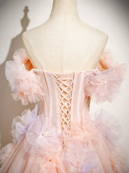 Pink A-Line Off Shoulder Tulle Long Prom Dress, Lovely  Evening Sweet 16 Dress  ED01222