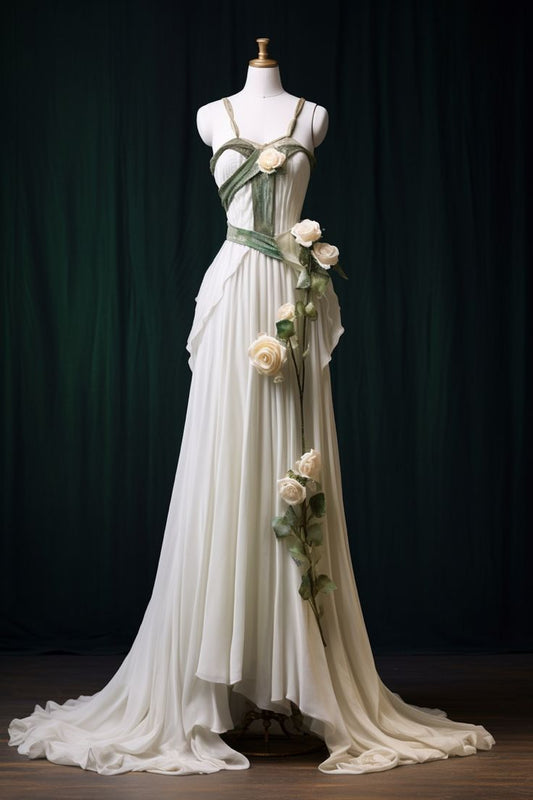 White A-line Spaghetti Strap Chiffon Long Ball Dress, Vintage Formal Dress  ED01225