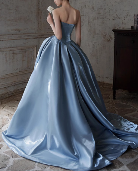 Blue A-line Strapless Satin Long Ball Dress, Blue Formal Dress  ED01226