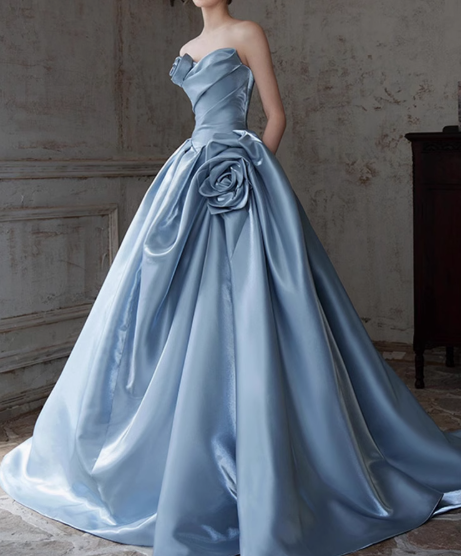 Blue A-line Strapless Satin Long Ball Dress, Blue Formal Dress  ED01226