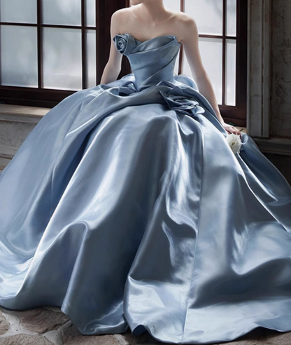 Blue A-line Strapless Satin Long Ball Dress, Blue Formal Dress  ED01226