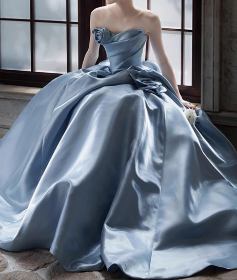 Blue A-line Strapless Satin Long Ball Dress, Blue Formal Dress  ED01226