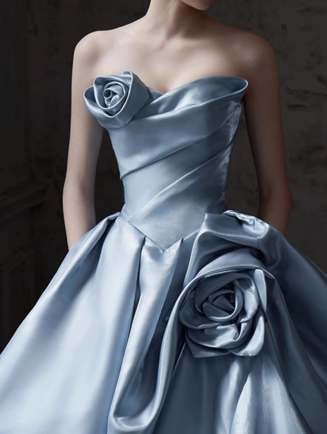 Blue A-line Strapless Satin Long Ball Dress, Blue Formal Dress  ED01226