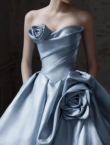 Blue A-line Strapless Satin Long Ball Dress, Blue Formal Dress  ED01226