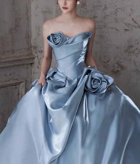 Blue A-line Strapless Satin Long Ball Dress, Blue Formal Dress  ED01226