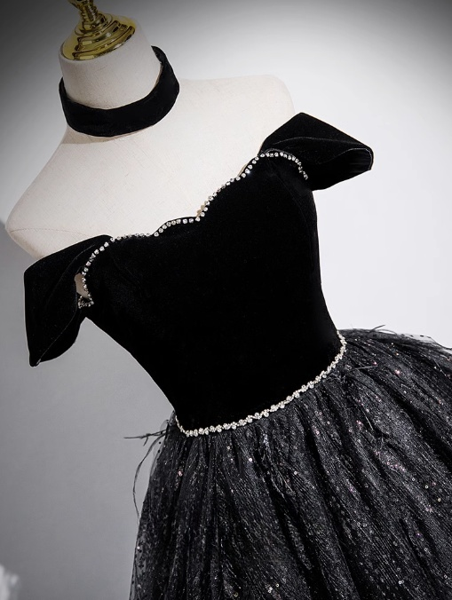 Black A-line Off-shoulder Velvet Tulle Sequin Long Prom Dress, Black Formal Dress  ED01227