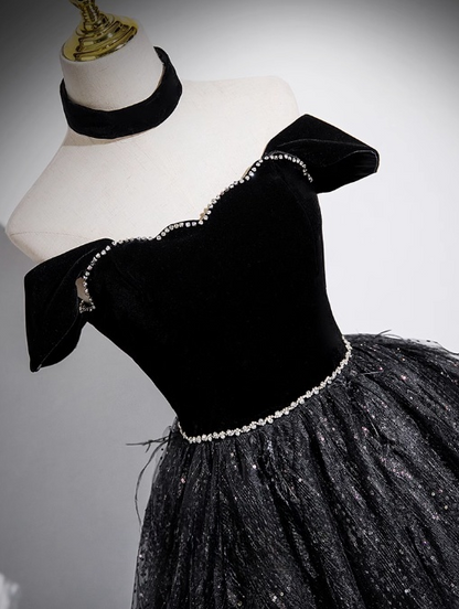 Black A-line Off-shoulder Velvet Tulle Sequin Long Prom Dress, Black Formal Dress  ED01227