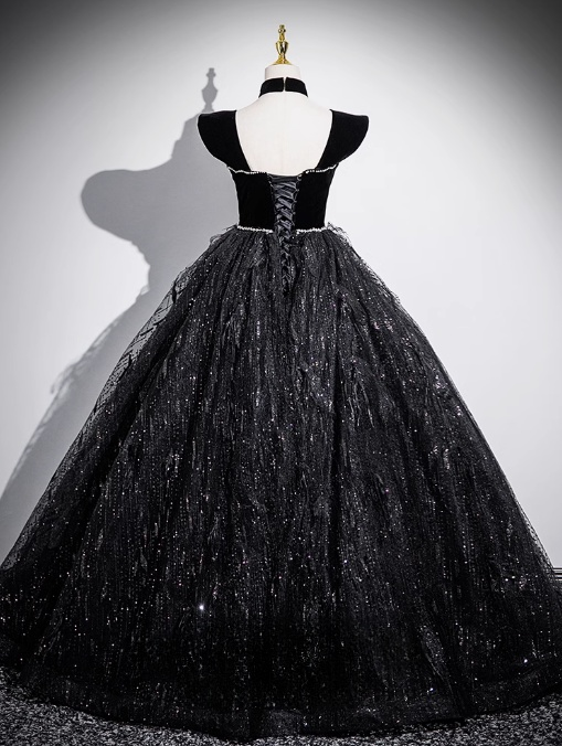 Black A-line Off-shoulder Velvet Tulle Sequin Long Prom Dress, Black Formal Dress  ED01227